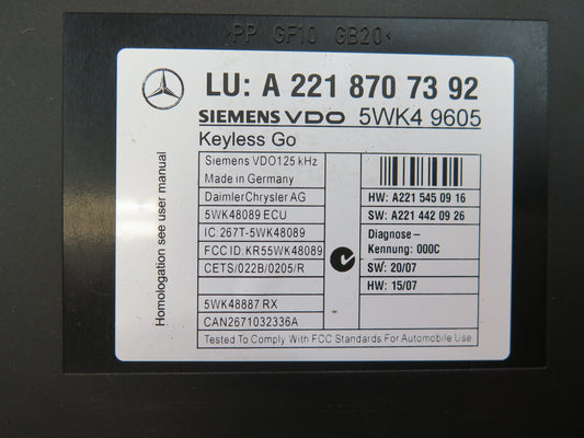 07-13 Mercedes W221 S-class Keyless Entry GO Control Module 2218707392 OEM